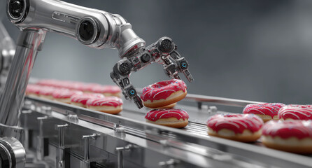 Robotic arms carefully arranging pink frosted donuts along automated production line in sleek manufacturing facility