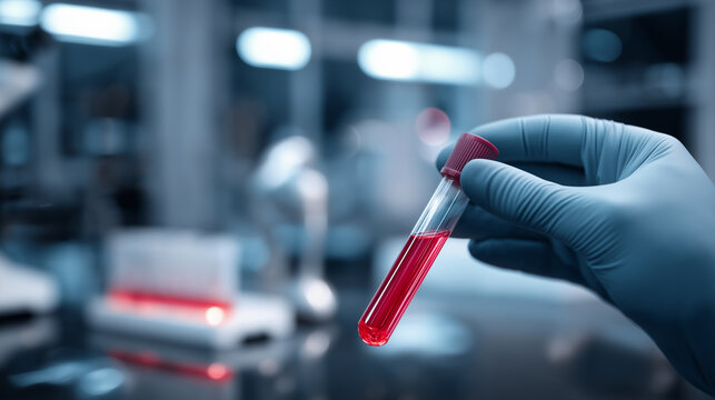 A gloved hand holds a blood sample in a test tube within a modern laboratory, symbolizing medical testing, diagnostics, and healthcare research.