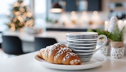 Christmas breakfast with cappuccino and croissant on a plate, creating a cozy winter holiday atmosphere