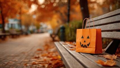 Orange halloween trick or treat bag with jack-o'-lantern face sits on a park bench surrounded by fallen leaves in autumn