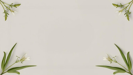 Naklejka premium Elegant floral frame with white flowers and green leaves on a neutral background, ideal for text overlay and graphic design projects
