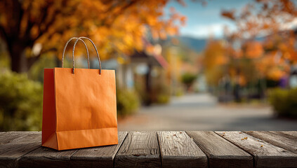 Orange shopping bag resting on wooden surface amid fallen leaves, capturing seasonal retail marketing atmosphere