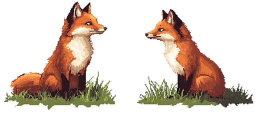 Two pixel art foxes sitting in grass