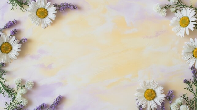 Floral Arrangement with Daisies and Lavender on Soft Yellow and Lavender Hued Background