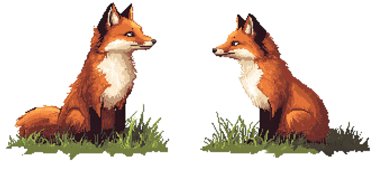 Two pixel art foxes sitting in grass