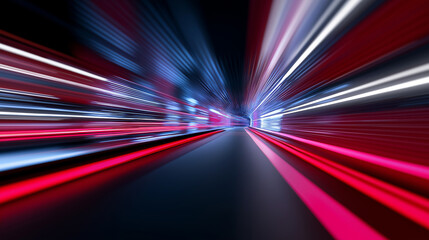 A dynamic digital tunnel with bright blue and red glowing streaks converging into a vanishing point, symbolizing speed, technology, or data transfer.