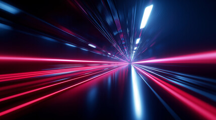 A dynamic digital tunnel with bright blue and red glowing streaks converging into a vanishing point, symbolizing speed, technology, or data transfer.