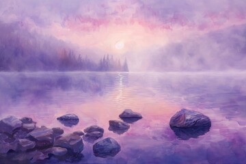 Serene lakeside sunrise with mist and rocks in tranquil purple hues painting