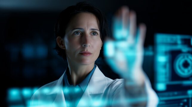 A focused female scientist in a lab coat interacts with a futuristic virtual screen displaying digital data and holographic charts. - Powered by Adobe