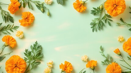 Floral Frame with Orange Marigolds and Pale Yellow Flowers on a Soft Mint Green Background