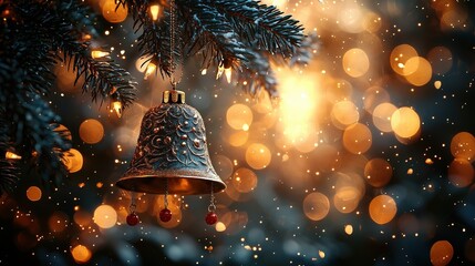 Gorgeous Bell Christmas Decoration, Close - up of Warm - lit Christmas Tree