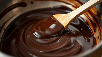 Mixing melted dark chocolate with wooden spoon in metal pot