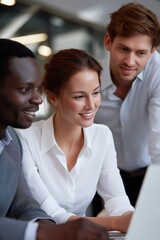 Diverse team collaboration: young professionals working together at laptop