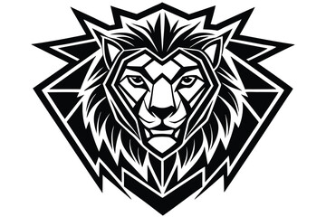 Lion head outlined powerfully in bold black polygonal art stands on a white background