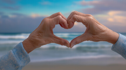 A pair of elderly hands in cozy pink sleeves forms a heart shape with the ocean in the background, symbolizing love, peace, and reflection.