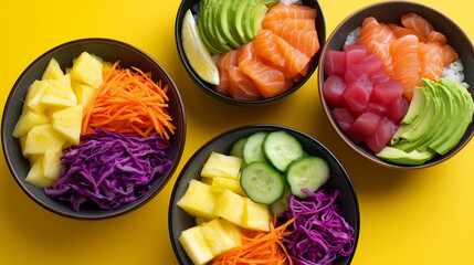 Four poke bowls filled with fresh vegetables, tuna, salmon, and tropical fruits like pineapple and...