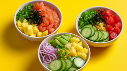 Four poke bowls filled with fresh vegetables, tuna, salmon, and tropical fruits like pineapple and...