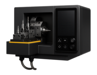 Compact CNC mill-turn with a gang tool setup and touchscreen interface for efficient small batch processing in a research lab