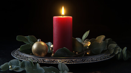 Holiday centerpiece with silver tray and candle