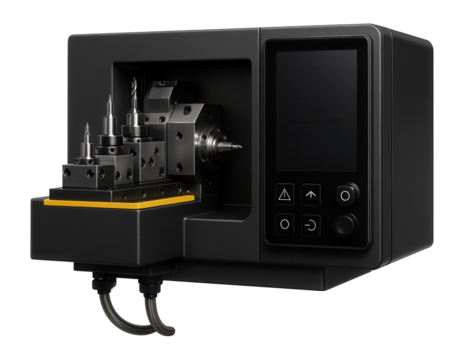 Compact CNC mill-turn with a gang tool setup and touchscreen interface for efficient small batch processing in a research lab