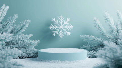 Snow-covered display scene with pine and snowflake