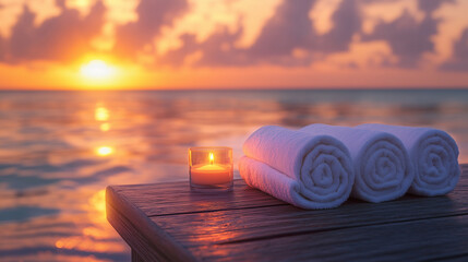 Spa towels beside candles on seaside deck