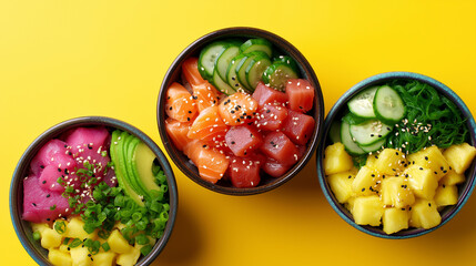 Four poke bowls filled with fresh vegetables, tuna, salmon, and tropical fruits like pineapple and...