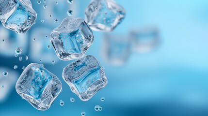 Crystal-clear ice cubes float in mid-air with splashing water droplets, creating a fresh, cool, and dynamic visual effect.