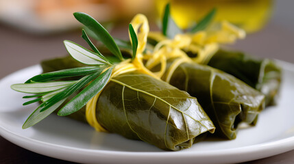 Two parcels wrapped in green leaves and tied with yellow ribbons are placed on a white plate, suggesting a traditional or festive dish.