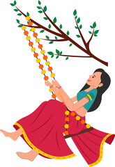 married woman enjoy the festival with swing in monsoon on happy haryali teej vector illustration