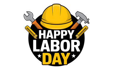 Happy Labor Day, Yellow, Black with helmet isolated on white