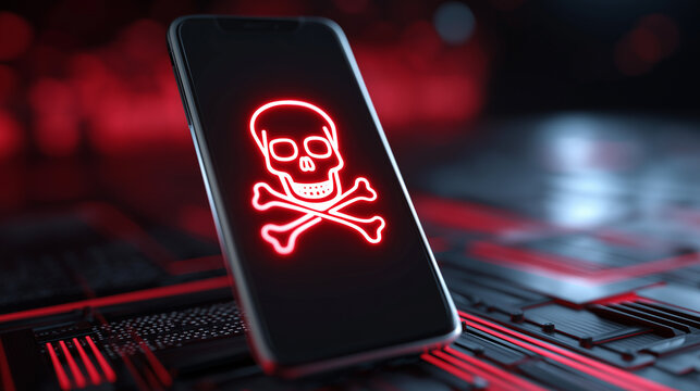 A smartphone screen displays a glowing red skull and crossbones, symbolizing a malware attack or serious cybersecurity threat.