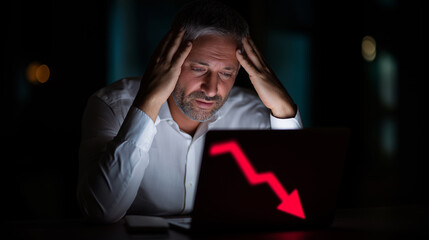 A frustrated man holds his head in his hands as he looks at a laptop screen displaying a red downward arrow, symbolizing a financial loss or market crash.