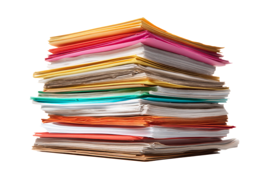 Stack of business documents isolated on transparent background.