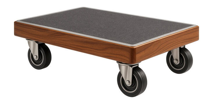 Wooden dolly with carpeted surface and four swivel casters for moving heavy equipment in a warehouse.