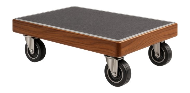 Wooden dolly with carpeted surface and four swivel casters for moving heavy equipment in a warehouse.