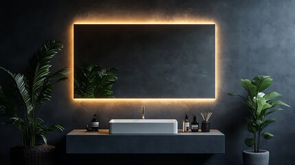 A contemporary bathroom boasts a stylish rectangular mirror with warm led lighting, complemented by lush greenery and a sleek sink
