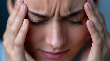 Fototapeta premium A young African American woman with curly hair squeezes her eyes shut and presses her temples, expressing intense headache or stress. 