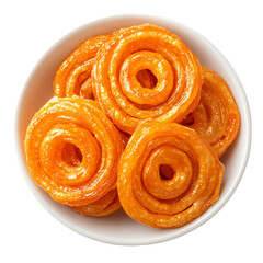 Fototapeta premium Close up of jalebi in a white bowl on a black background, top view