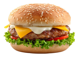 A mouthwatering cheeseburger, featuring a juicy beef patty, melted cheddar cheese, creamy sauce, crisp lettuce, and ripe tomato slices.