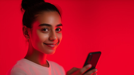 A smiling young woman holds a smartphone, looking directly at the camera against a vibrant red background.
