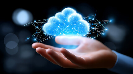 An open hand holds a glowing, interconnected digital cloud icon, symbolizing cloud computing and network connectivity.
