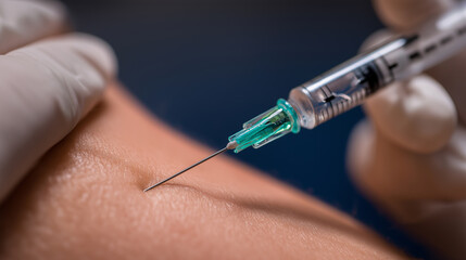 A close-up shot of a syringe needle being inserted into a person's arm, highlighting medical procedures or vaccination.
