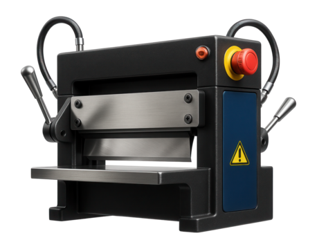 Electromechanical guillotine with a dual-action cutting mechanism and emergency stop button for safety in an industrial environment