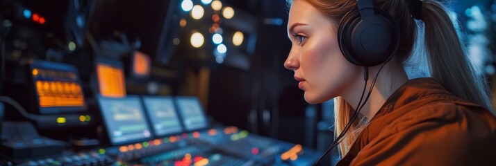 Focused woman with headphones skillfully managing a complex production setup in a vibrant studio