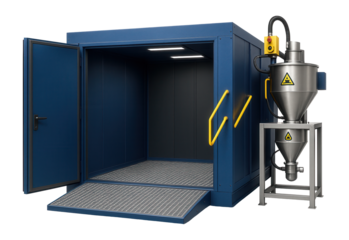 High-capacity blast room with a floor grating system and abrasive recycling unit for large-scale shipbuilding projects