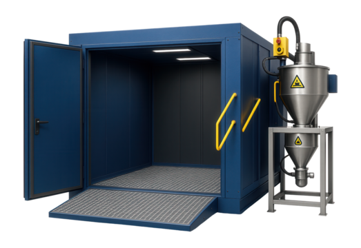 High-capacity blast room with a floor grating system and abrasive recycling unit for large-scale shipbuilding projects