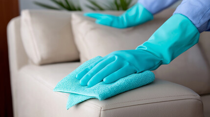 Gloved hands are diligently cleaning a beige leather sofa with a turquoise microfiber cloth, emphasizing household maintenance.
