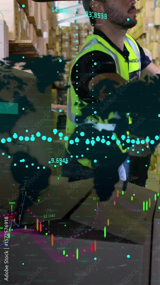 Poster animation of financial data processing and world map over caucasian delivery man loading boxes