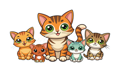 Fototapeta premium Cute cartoon family of five cats sitting together isolated on white background